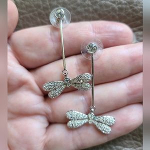 Retro White Swarovski Crystal Silvertone Dragonfly Earrings in Great Condition